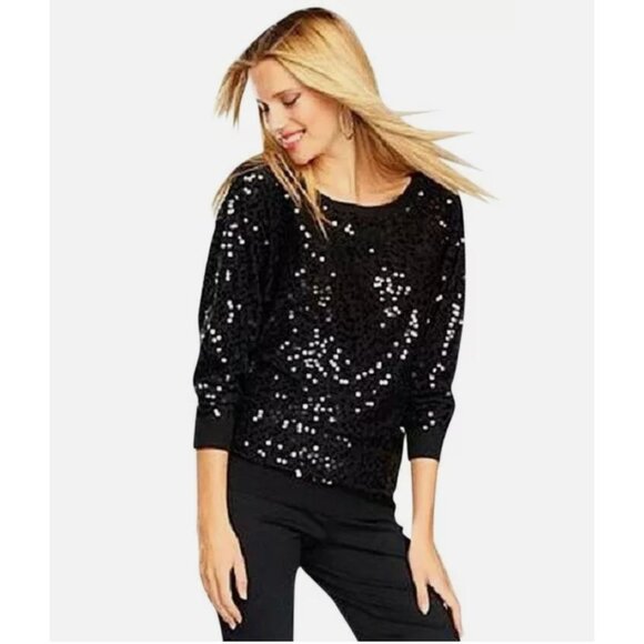 Falcon & Bloom Black Sequin Long Sleeve Top Shirt Blouse Size S Evening Occasion - Picture 3 of 6